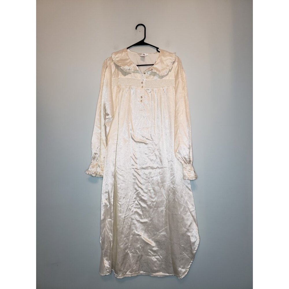 Fundamentals Women M Midi Nightgown Satin Cream Floral Grannycore Ruffle Collar
